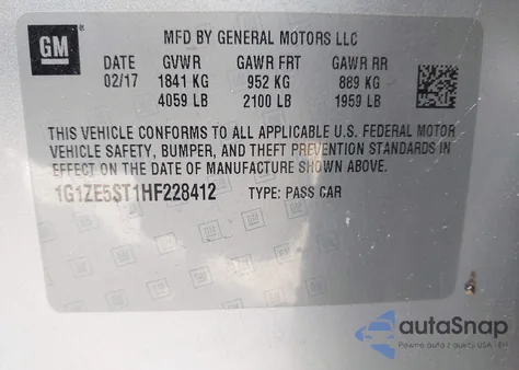 2017 Chevrolet Malibu 1Lt z USA, uszkodzony, nr VIN 1G1ZE5ST1HF228412